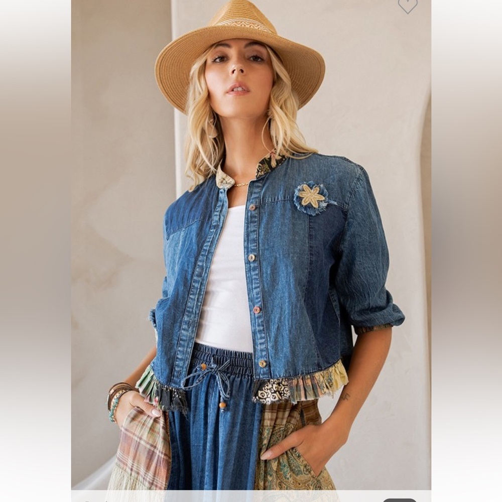 Boho Denim Jacket with Floral Accent